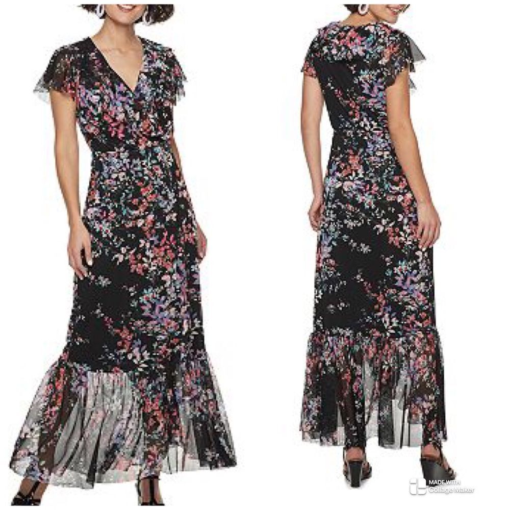 APT Ruffle Sheer Faux Wrap Long Dress